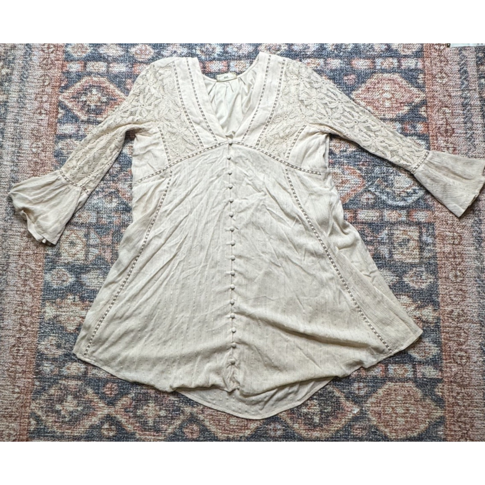 Boho Lace-Trim V-Neck Tunic Dress in Cream